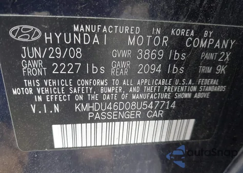 2008 Hyundai Elantra Gls/Se из США, поврежденный, VIN KMHDU46D08U547714